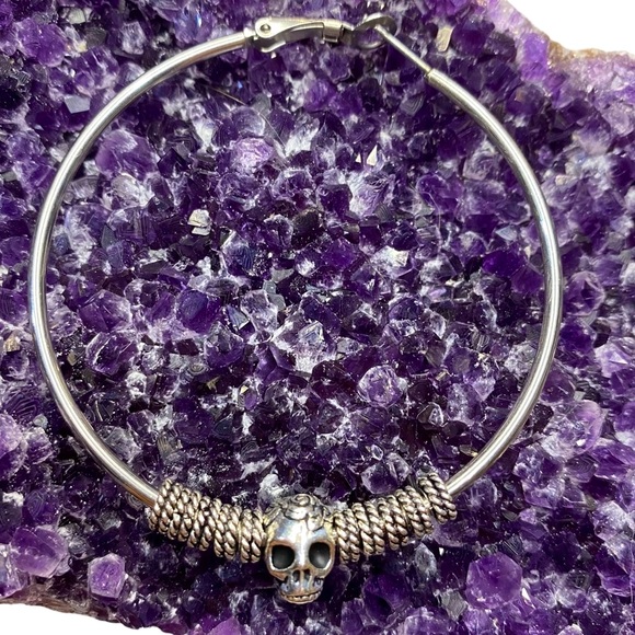 Hand Crafted Jewelry - Silver Skull Hoop Earrings